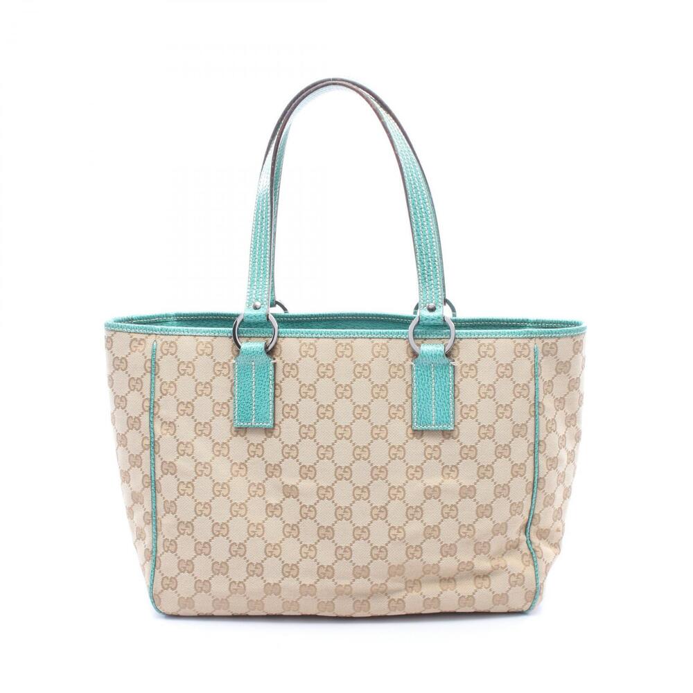 Gucci GG Canvas Tote Bag Leather Beige Brown Green